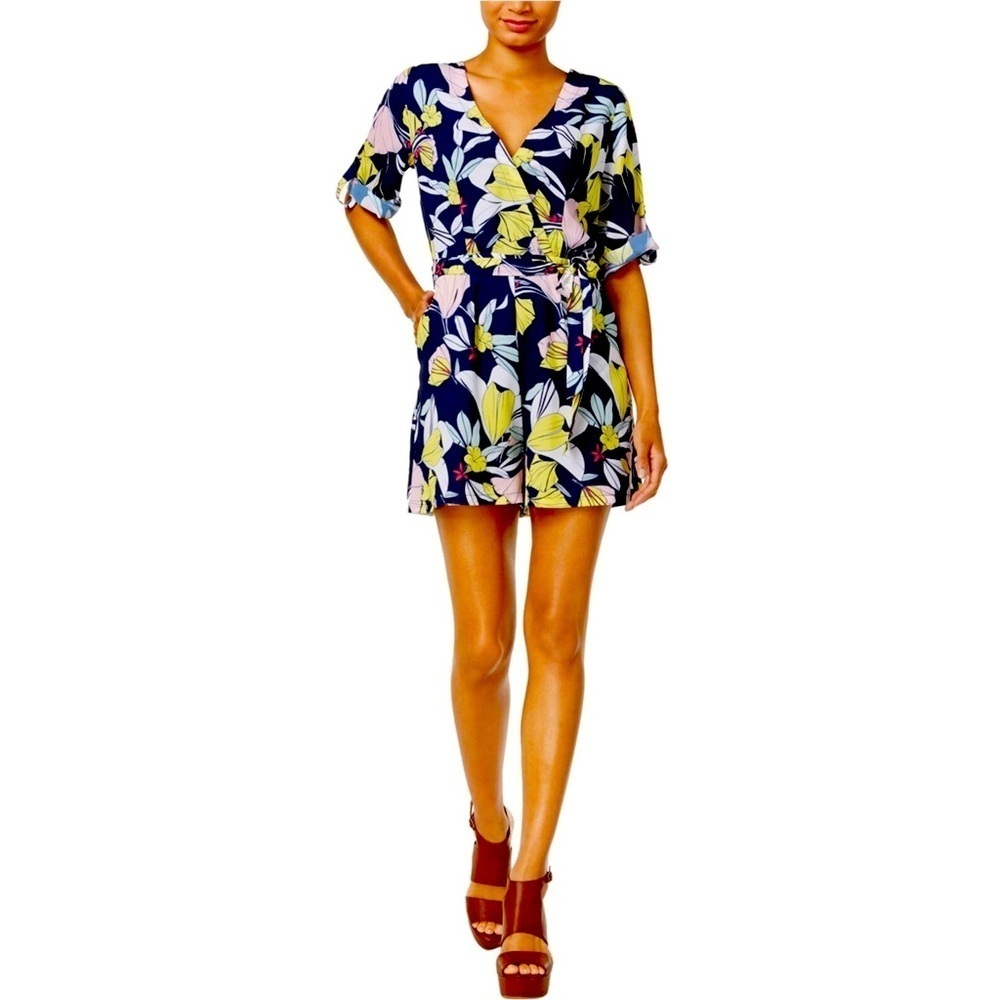 NWT Madison Jules Sydney Navy Blue Surplice Faux Wrap Tie Waist Floral Romper M